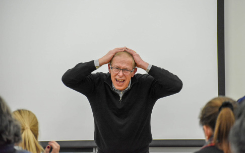 Mark McCarty speaking to campus community. Photo by Delano McFarlane.