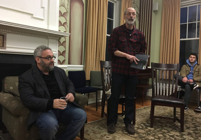 Professor Mikhail Iossel (L) talking with Professor Jordan Smith (R). Photo by Alex Appel. 