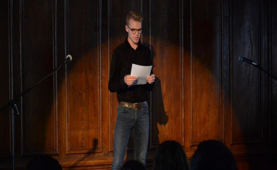 Sam Fogarty ‘20 peforming an original work in this year’s annual Queer Monologues. Photo by Joe Maher.