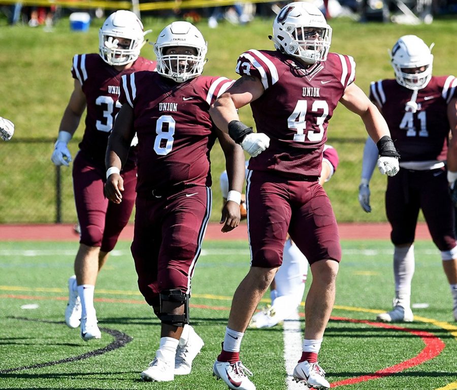 Colin Lama ’21 (43) pumped after a victory against Springfield. Photo courtesy of Ross Ladue.