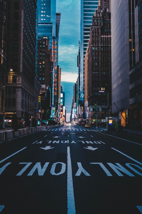 A still shot of a usually busy street in NYC under lockdown.