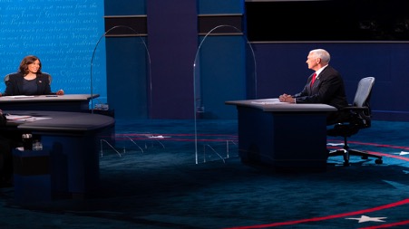 Senator Harris and Vice President Pence in a socially distanced debate.