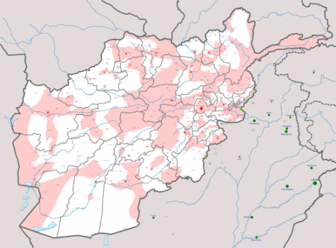 Afghan territorial lines as of April, 2021. Red is under Afghan Government/Coalition control, white under the Taliban. 