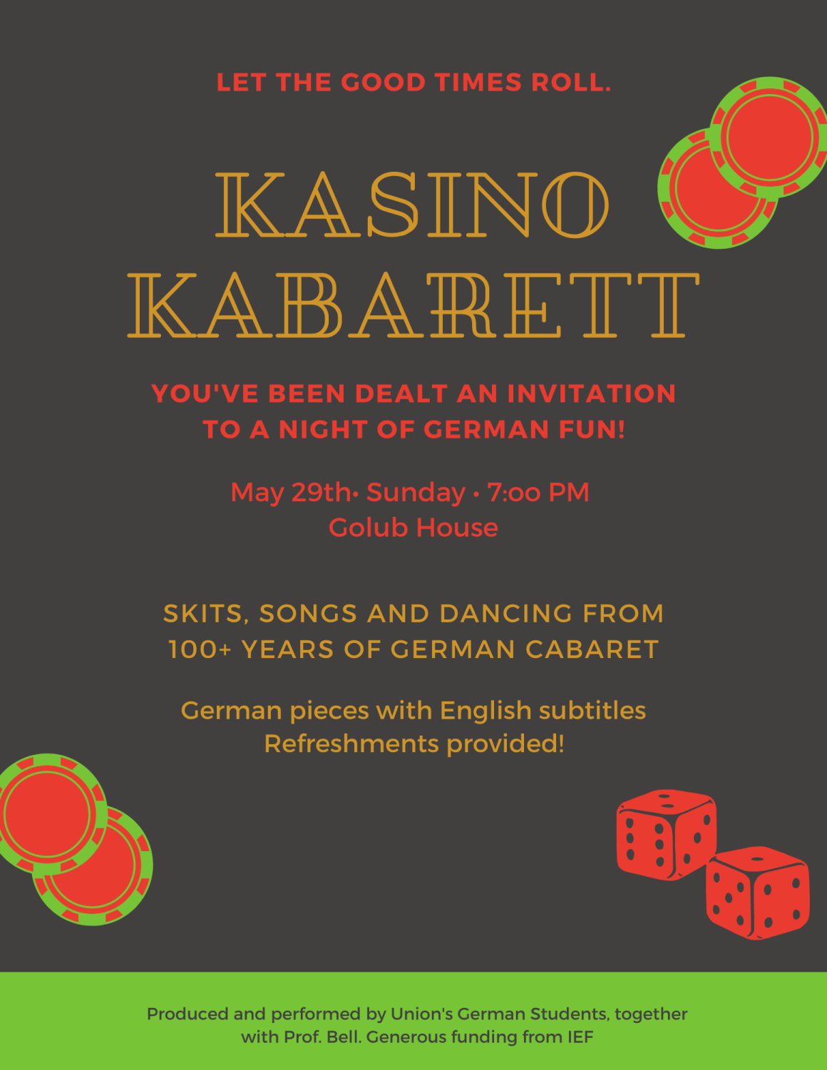 See the final project Kasino Kabarett of German 337 this Sunday