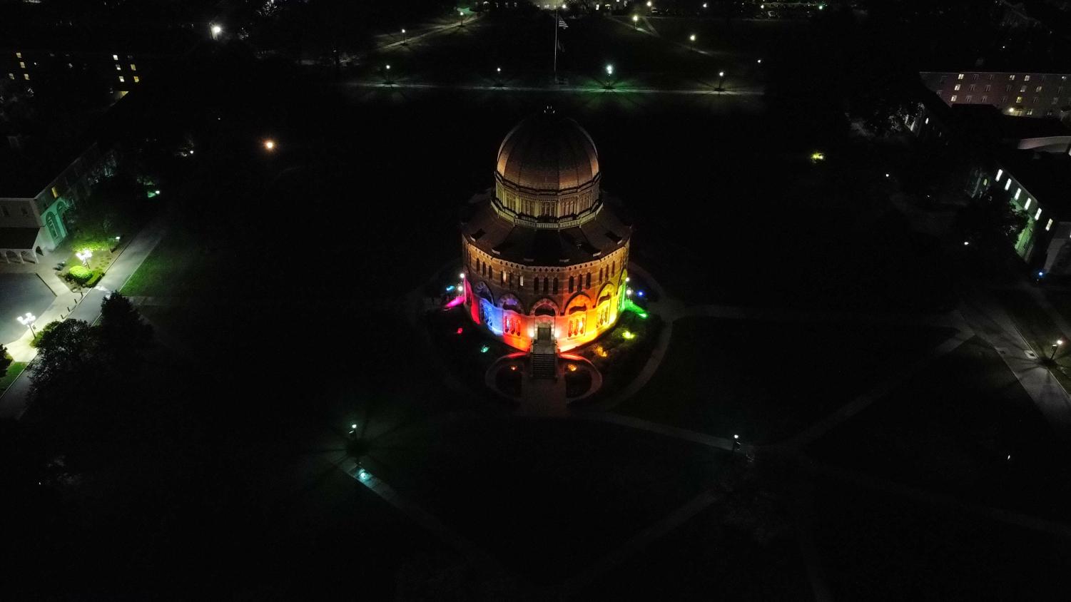 Rainbow lights were set up around the Nott the night before the Pride Fest. 