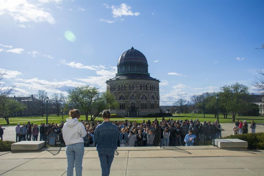 Hundreds+of+students%2C+faculty%2C+and+staff+gathered+in+front+of+Library+Plaza+to+march+for+the+2022+Denim+Day+Movement.+Women%E2%80%99s+Union+leaders+Jackson+Giammattei+23+and+Emily+Olenik+23+explain+the+difference+behind+denim+to+the+attendees+before+starting+the+march+around+Nott+Memorial.+