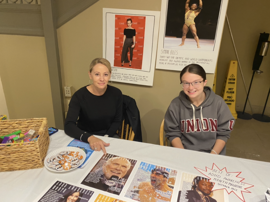 Laura Galt (left), Assistant Director of Accommodative Services and Katelynne Righi ‘24 (right) tabled in Reamer to dispel myths about ADHD. Righi says “I think it’s important that we spread awareness about ADHD. This is crucial because it’s common.” 