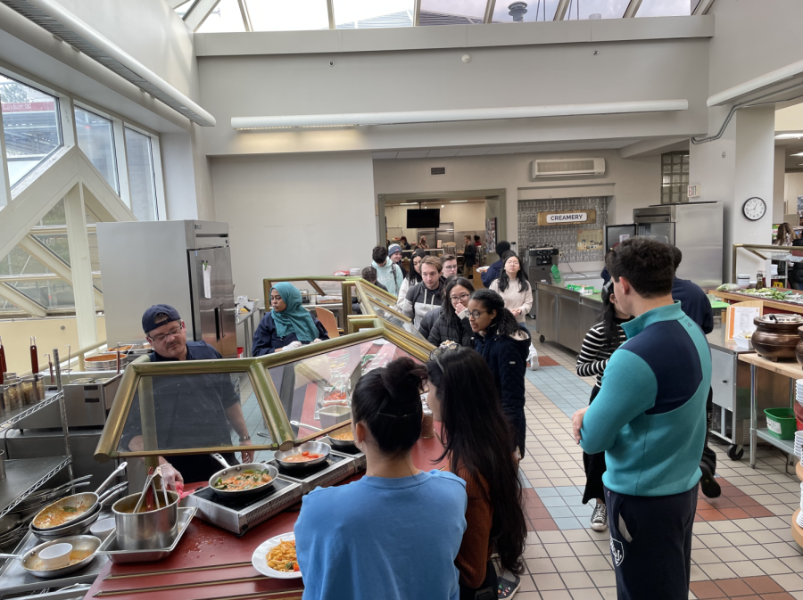Students queue for the Pasta Bar in its new place after the renovation. 