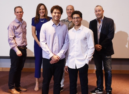 Sean and Justin Regis 23, winners of the pitch competition, with judges Tony Versaci ’91, Catharine Potvin ’97, Michael Esposito ’72 and Thomas Coleman 88.