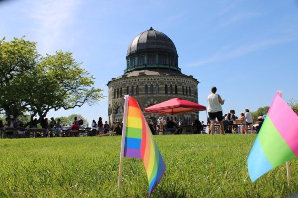 The Nott Memorial as seen at Pridefest. Various queer pride flags also lined the
library plaza.