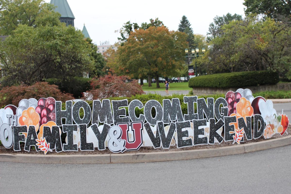 Homecoming banner on campus. 