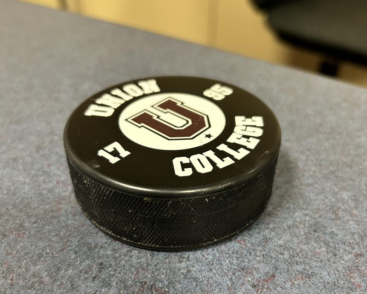 A hockey puck from Union’s own Messa Rink, similar to the one that hit Will. He still has the puck that hit him on October 19.