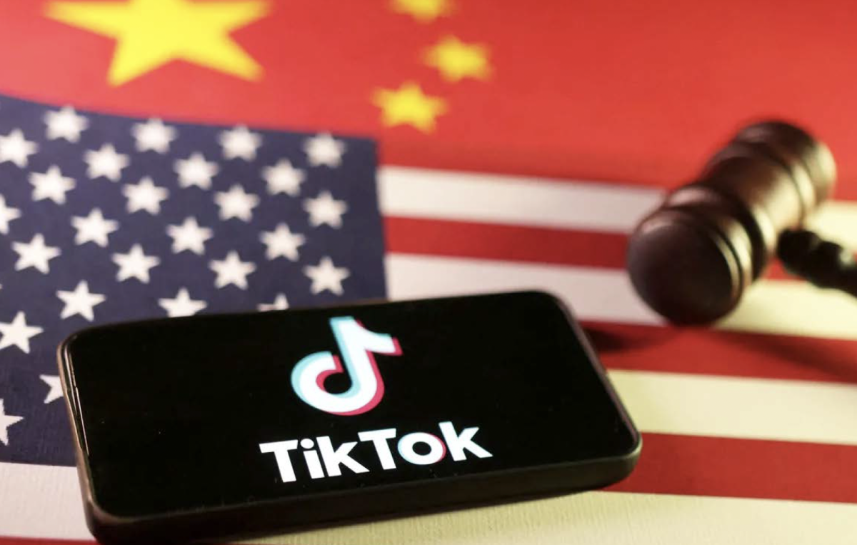 U.S., Chinese Flag, gavel and TikTok Logo illustration. Courtesy of USA Today. 