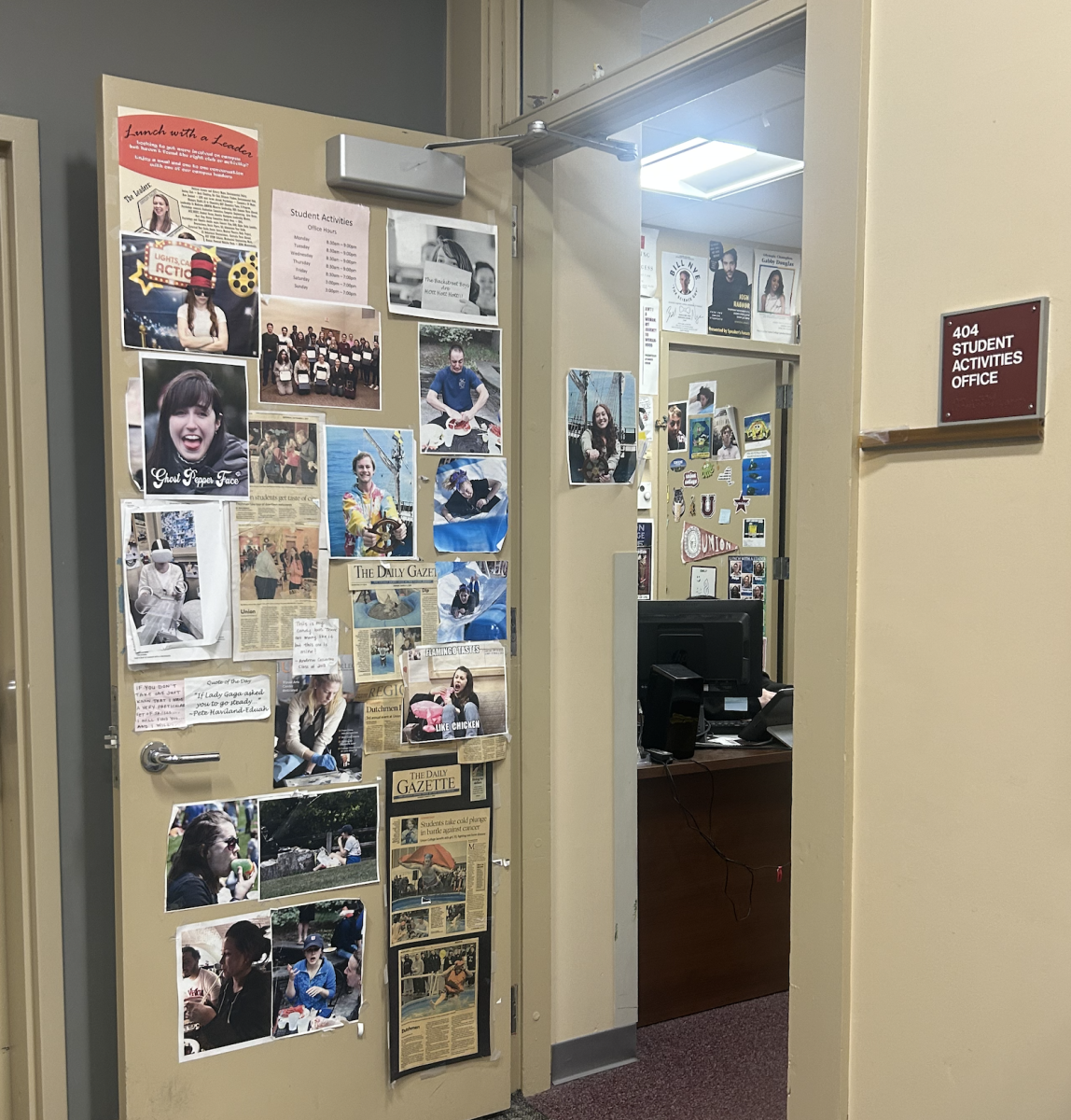 The door to the Student Activities Office, located in Reamer 404. The office oversees all Student Forum recognized clubs and organizations. 