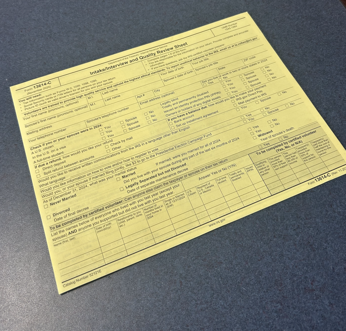 Form 13614-C, the interview sheet used for clients at the tax site. Information there is used to fill out tax returns and obtain tax credits.