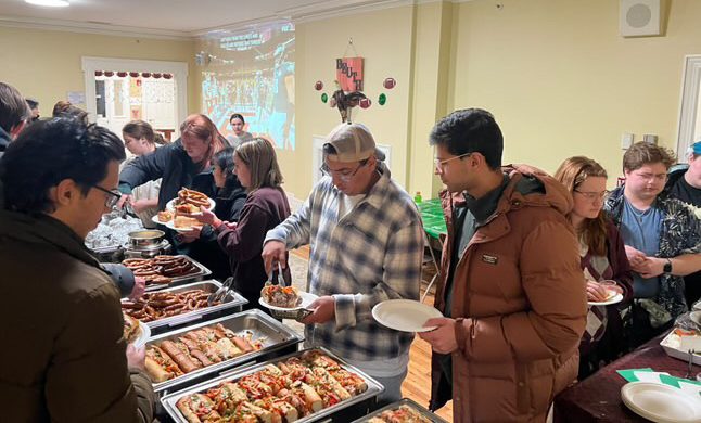 Union students gathered in line for food at the Super Bowl Watch Party in Beuth House.