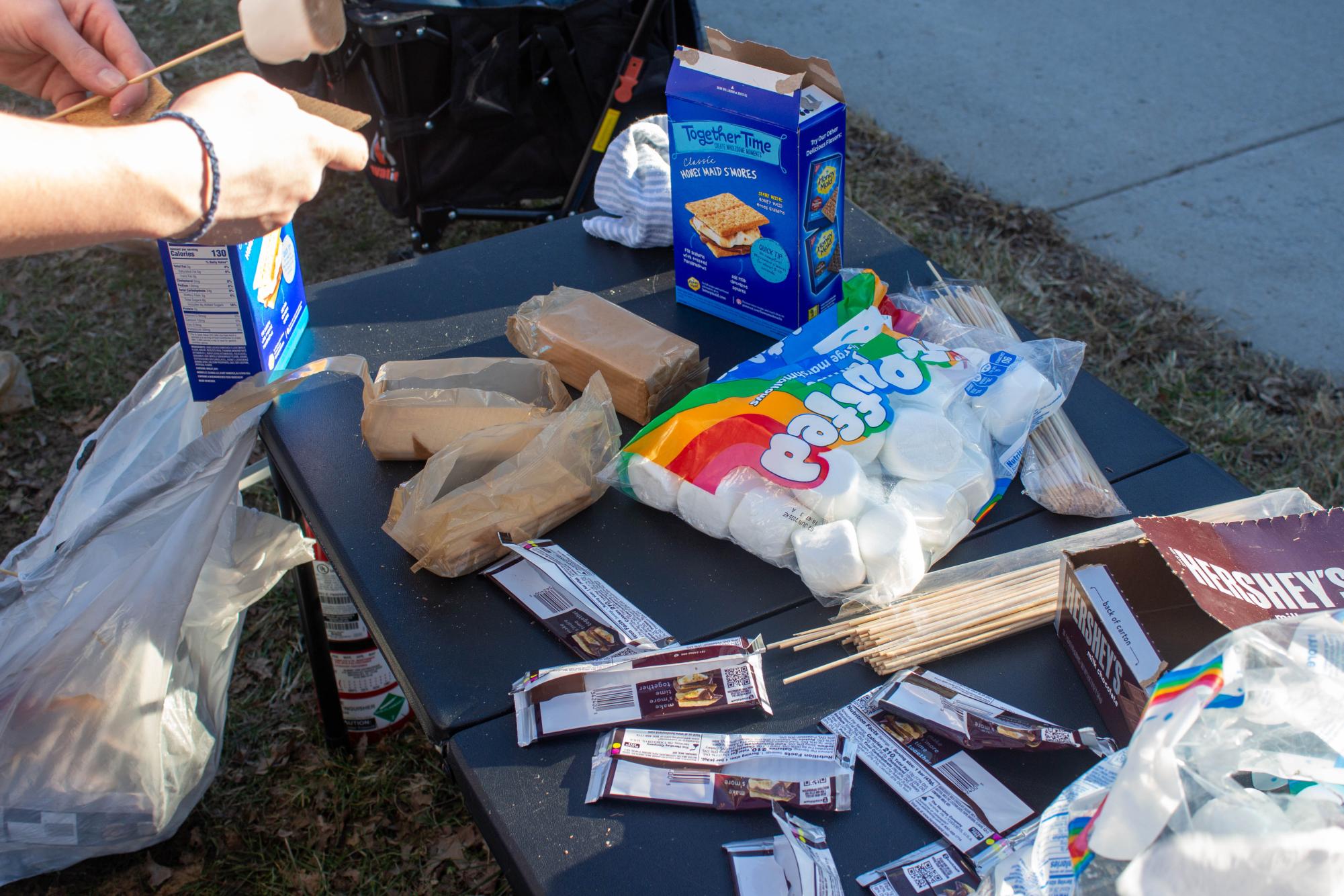 An overview photograph of the  s'more making ingredients. 