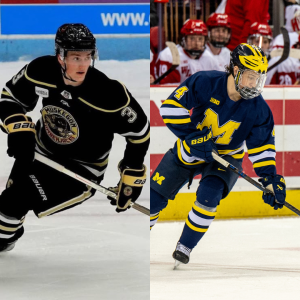 Tyler Dunbar '27 and Will Felicio '28 at games in the USHL and the University of Michigan. Images courtesy of Dunbar's Instagram and The Michigan Daily. 