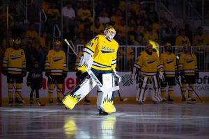 Incoming Union transfer Cameron Korpi '28 skates before a game at the University of Michigan. 