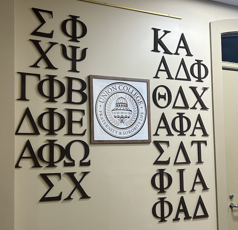 Greek letters outside of the Office of Fraternity and Sorority Life, showing Union's six fraternities, three sororities, service fraternity, two multicultural fraternities, and professional fraternity. 