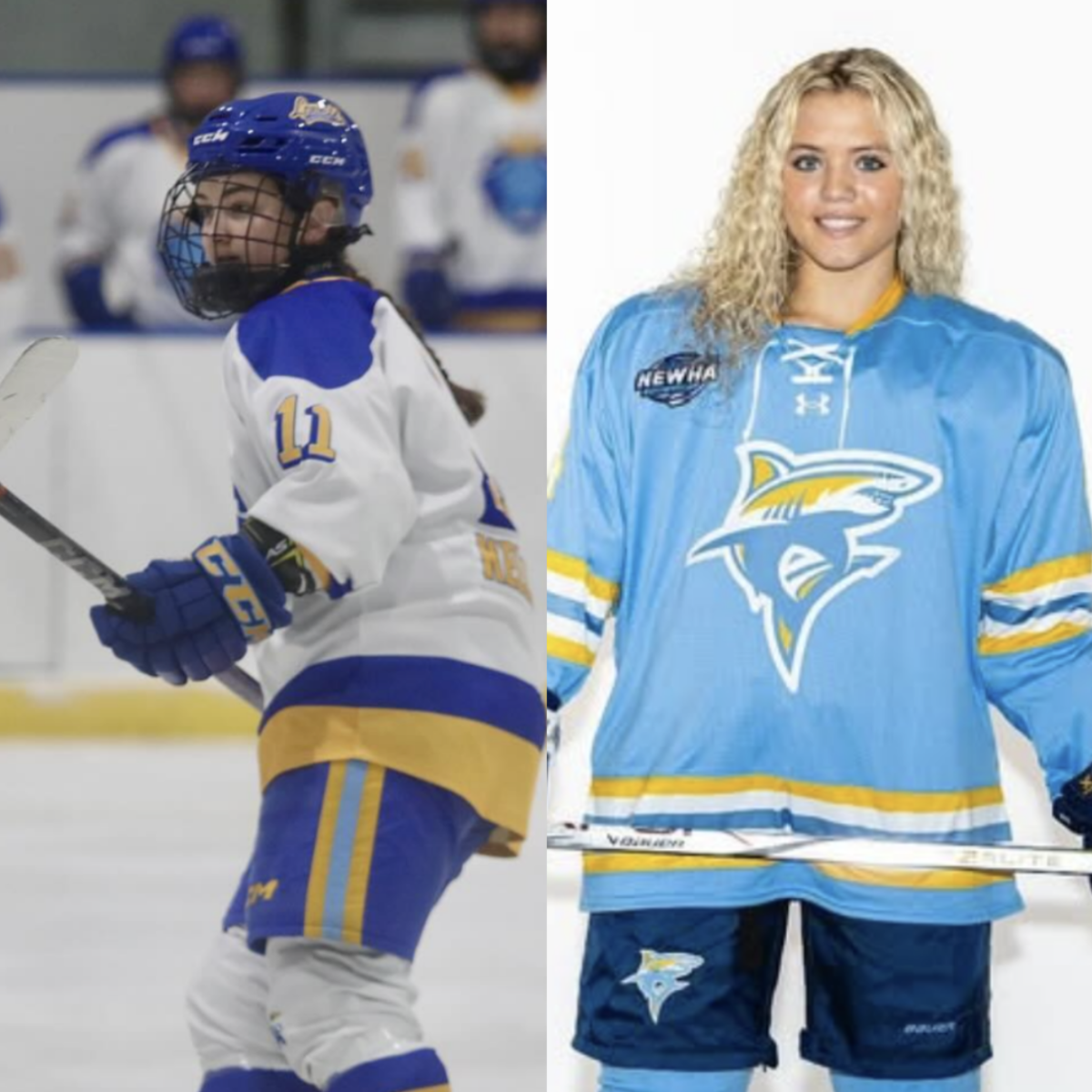 Hayley Kelleher ‘28 skating at Lovell Academy and Peyton O'Neill ‘28 on media day at Long Island University. Photos courtesy of Kelleher’s and O'Neill’s Instagram accounts. 