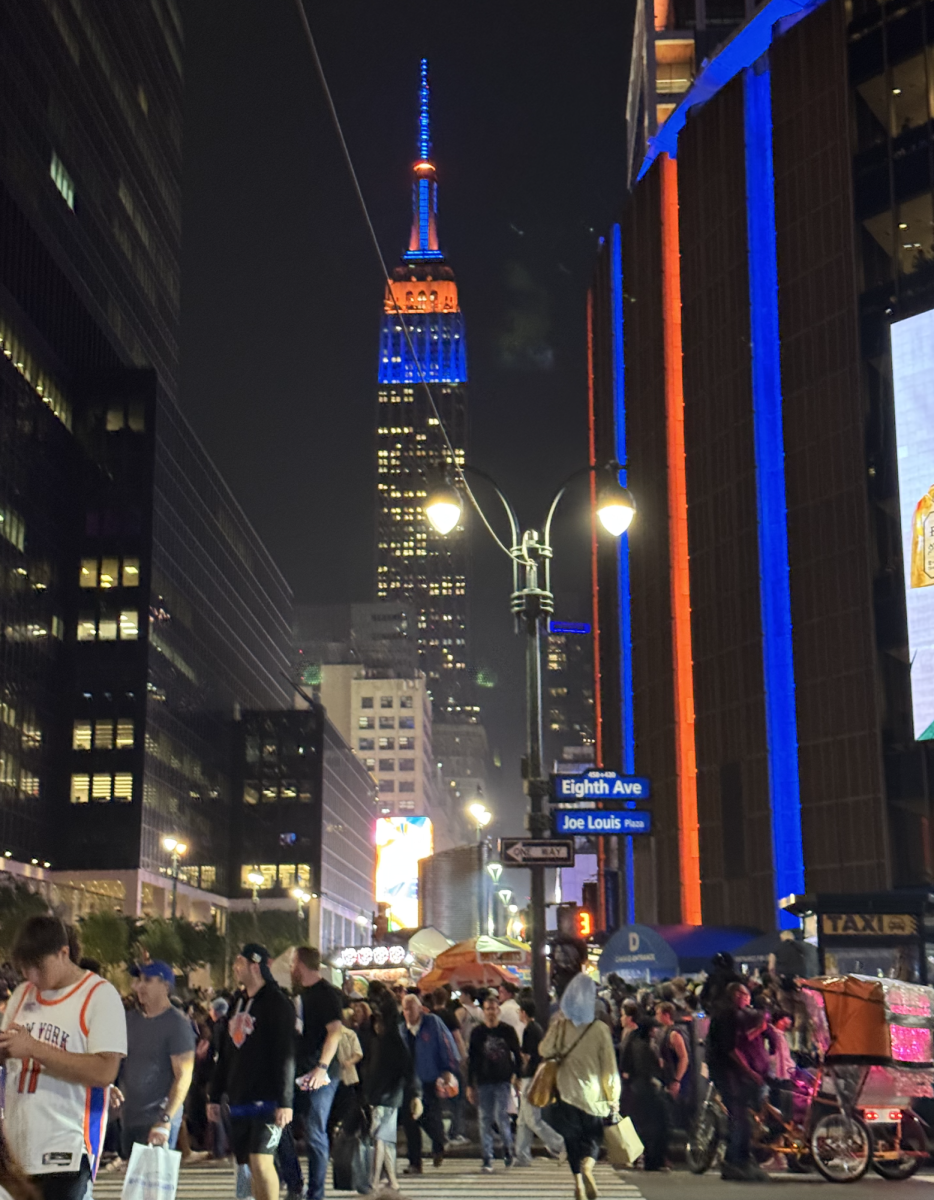 The Empire State Building in NYC, lit up to represent the colors of the New York Nicks. 