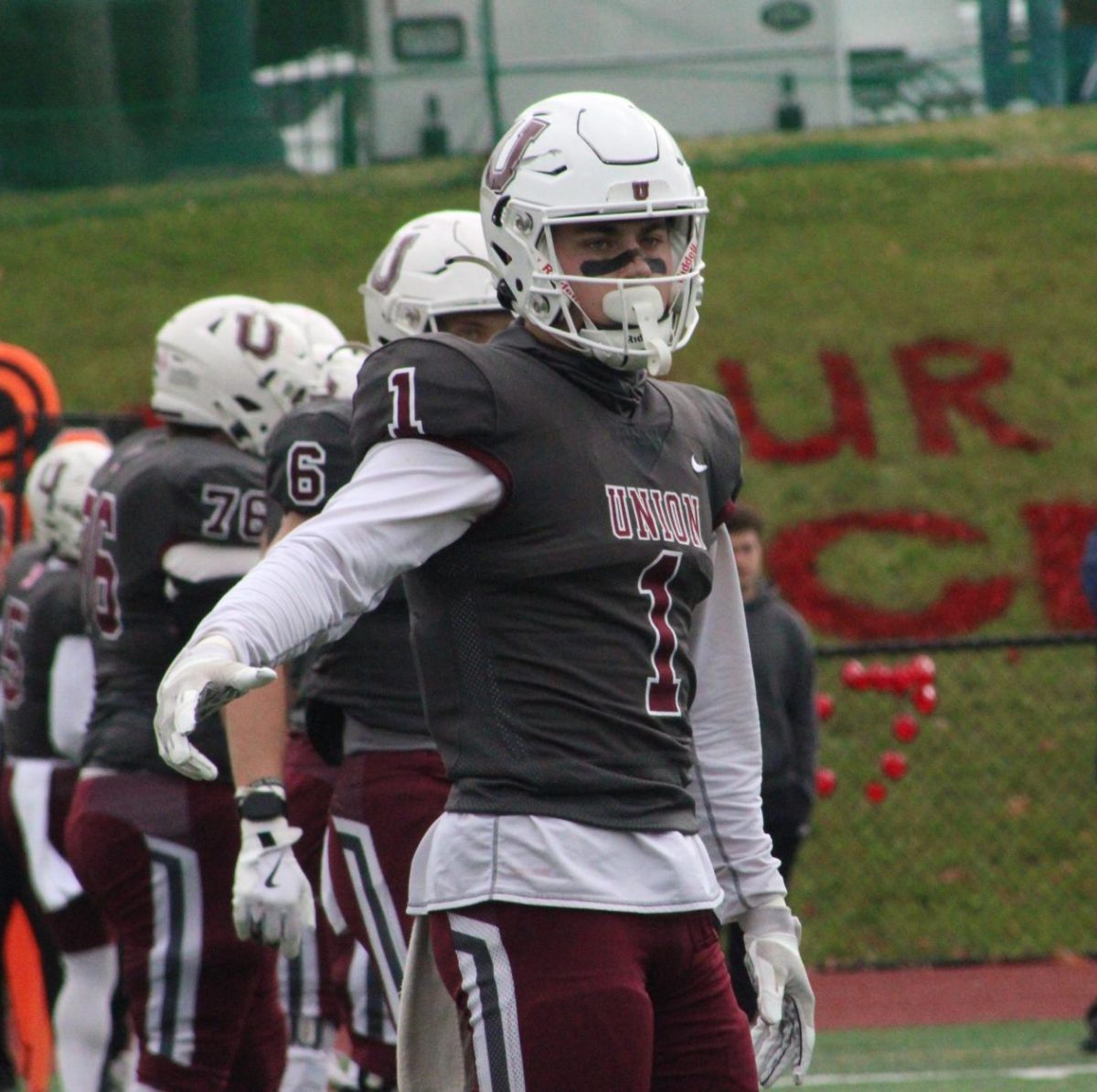 Dan Quinn '26 at the football game against Ithaca College on November 2, 2024. The wide receiver ran for a school-record 99 yard touchdown at the game against Susquehanna on September 6, 2025. 