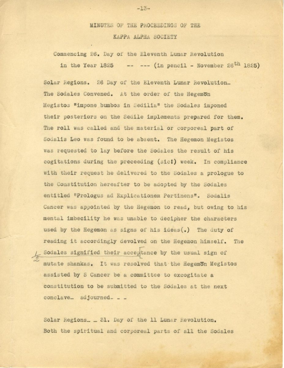 The first page of meeting minutes from the first-ever Kappa Alpha Society meeting on November 26, 1825. 