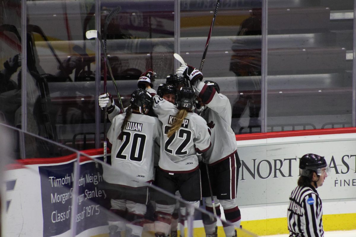 Women's Hockey celebrates after Mikayla Blomquist '27 scores against Clarkson!