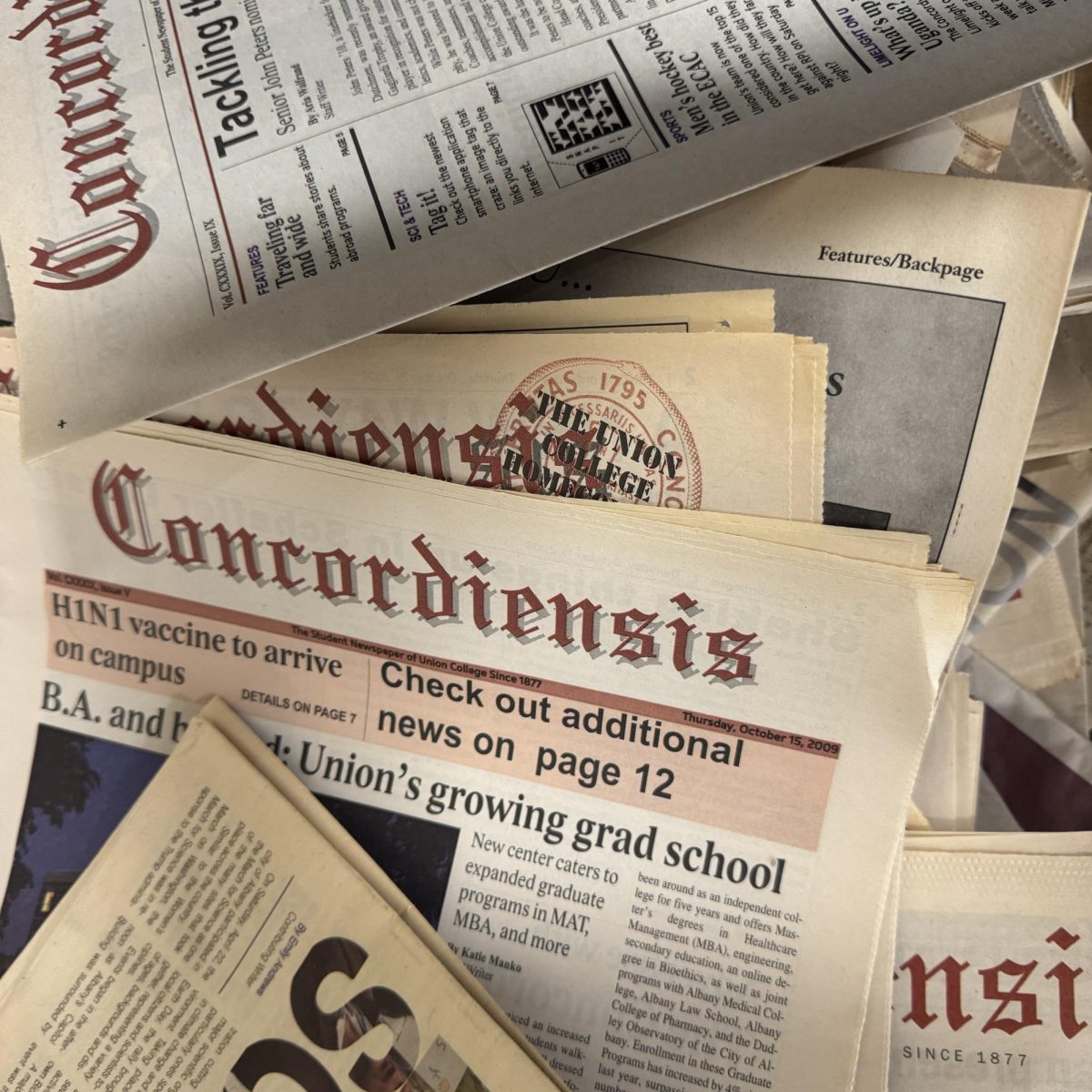 Large pile of previous Concordiensis printed newspapers.