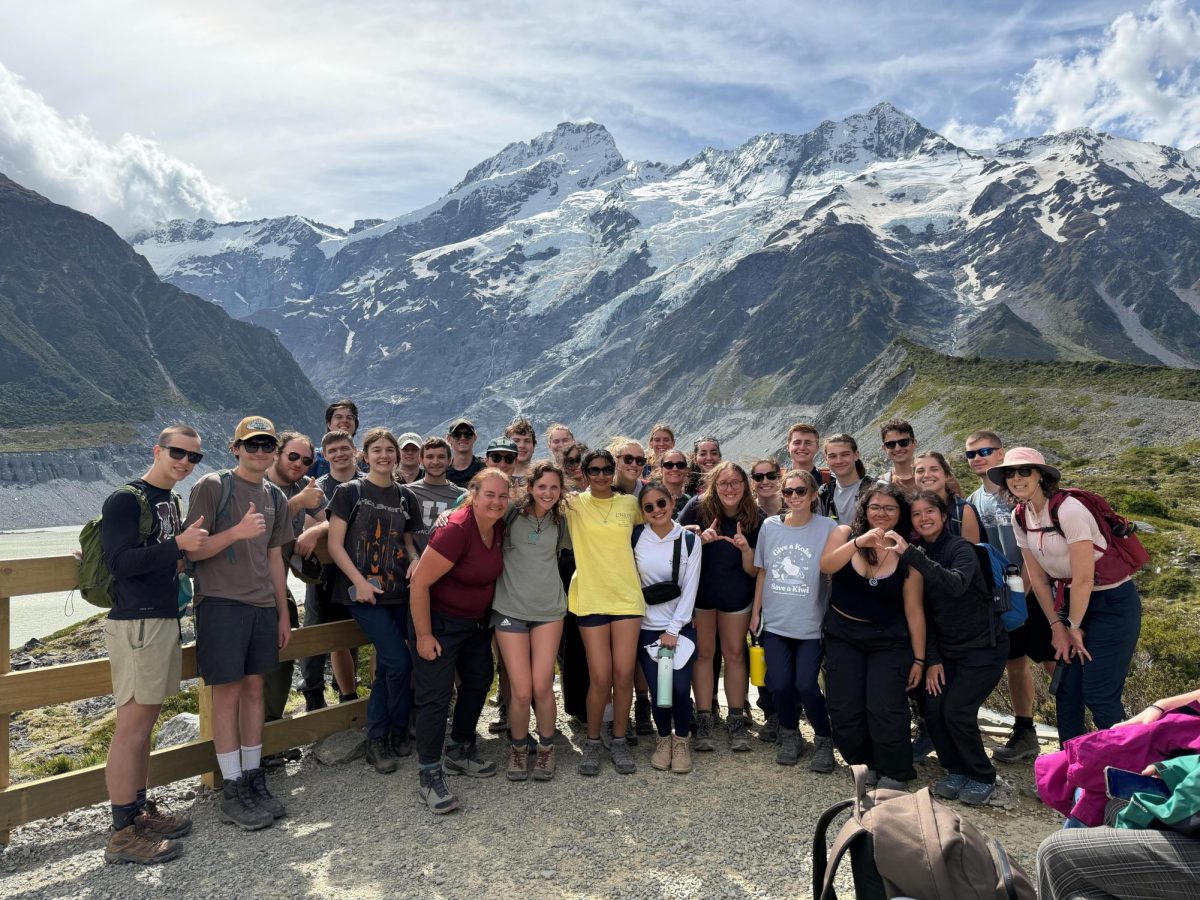 The New Zealand mini term students posing in front of Mount Cook (Aoraki) in the South Island of New Zealand after a hike. 


