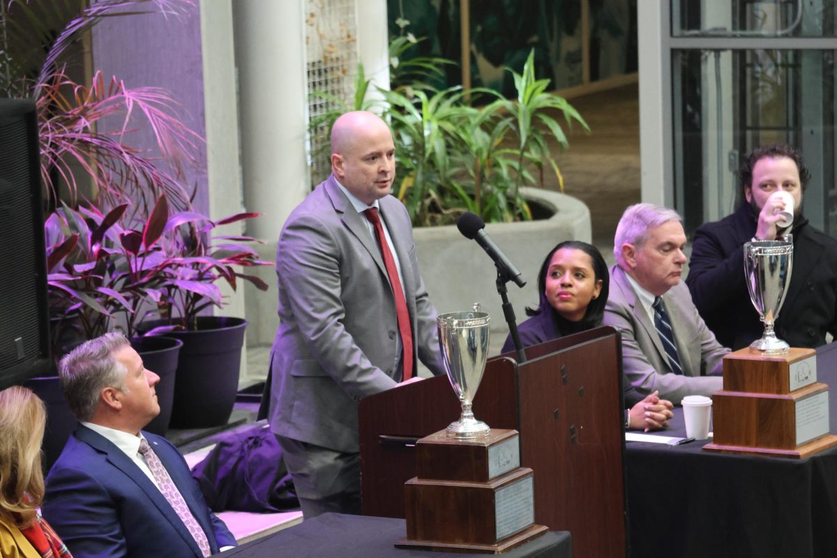 Union Men’s Hockey Head Coach Josh Hauge speaks at the Mayor’s Cup press conference on January 20, 2026. 