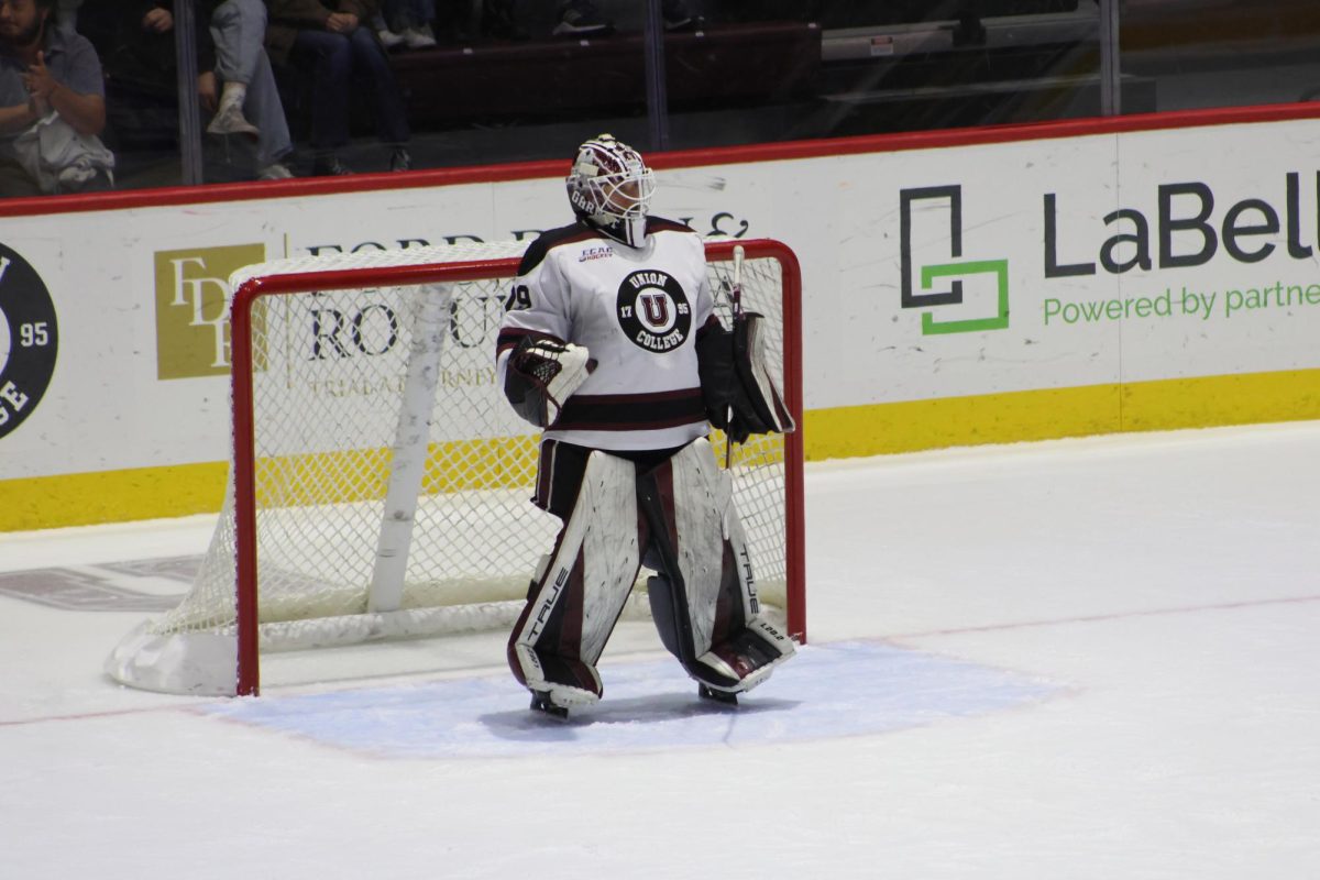 Monja Wagner ‘27 in the net against UNH on October 10, 2025. 