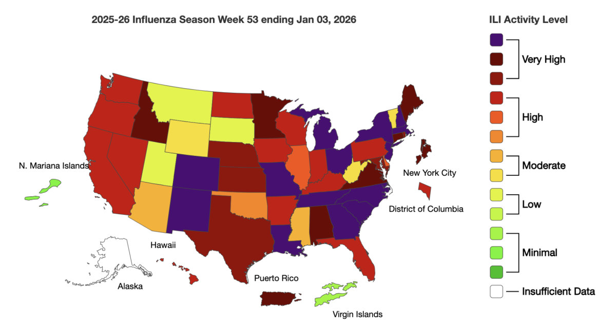 A map showing reported levels of respiratory illness for early 2026, with darker color indicating higher illness activity level (U.S. Centers for Disease Control and Prevention)
