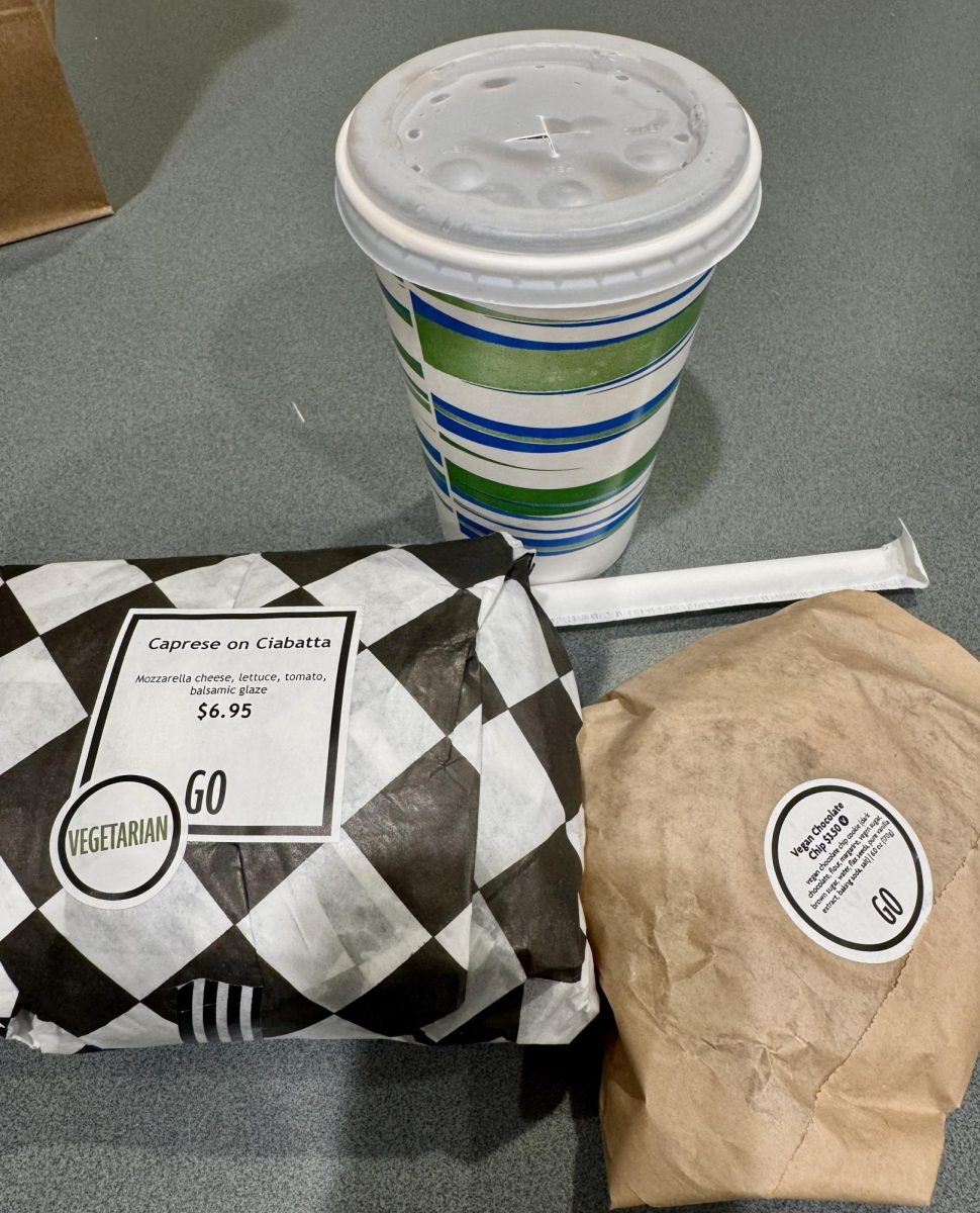 Dining C-Store options wrapped in recycled paper and self-serve fountain drinks. 
