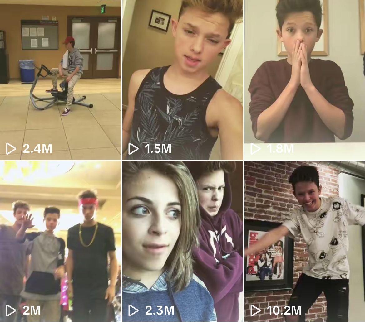 A variety of Musical.ly videos posted by Jacob Sartorius in 2016, who was a major influencer at the time. 