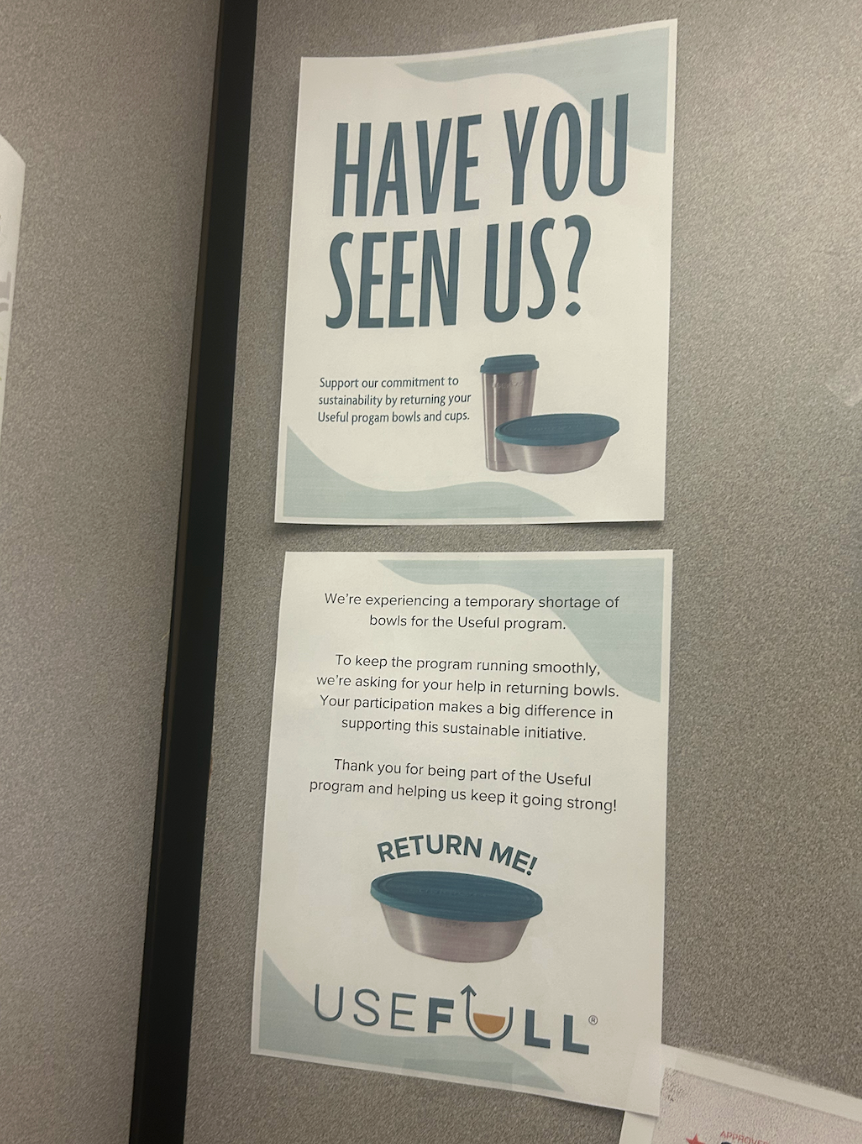 Poster in the Reamer elevator informing students about the shortage of USEFULL cups and bowls.